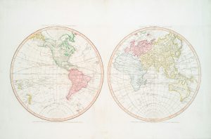 two antique world maps showing continents and oceans